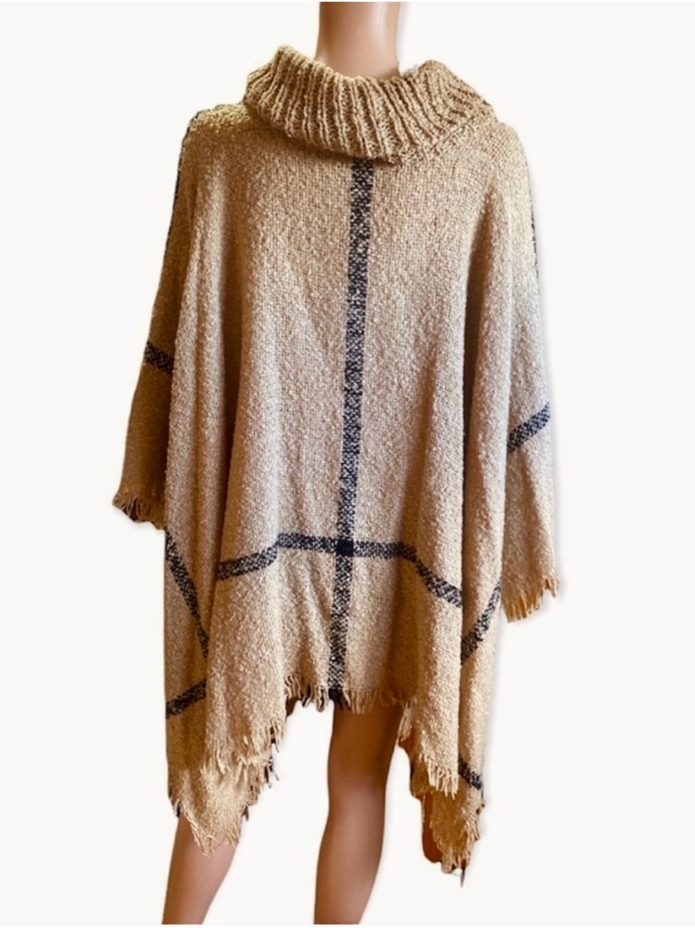 Cozy Camel & Black Cowl-Neck Poncho Sweater with Fringe - Picture 2 of 5